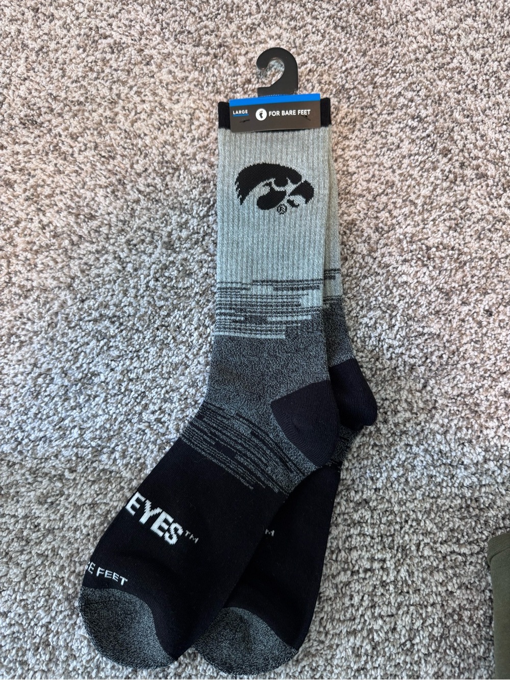 For Bare Feet Grey and Black Crew Socks with Hawkeye Logo